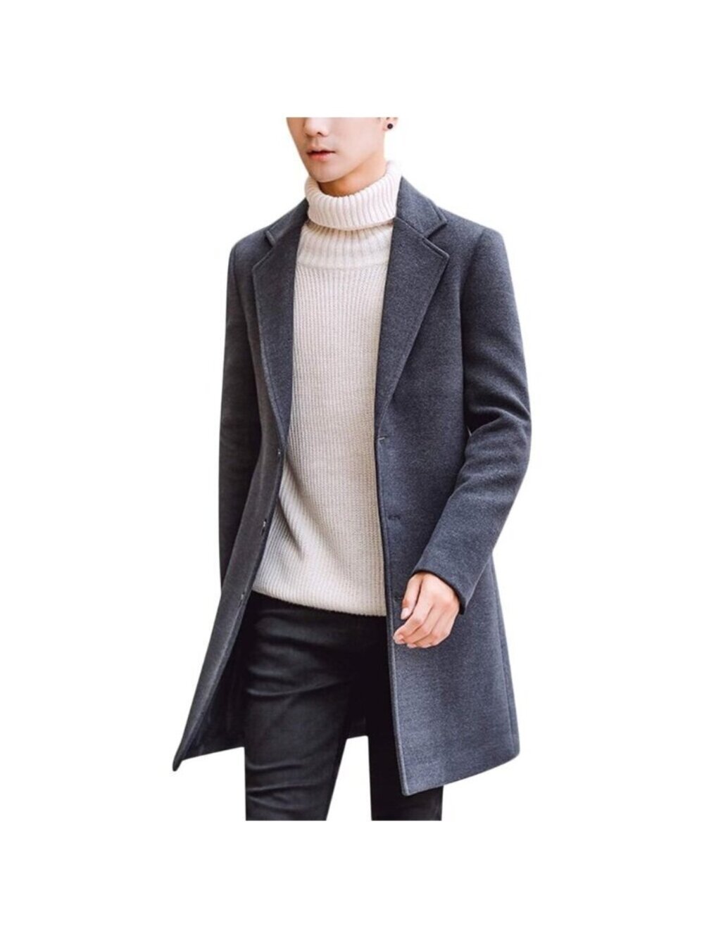 Men's Dark Gray Wool Blend Pea Coat Collar Single Breasted Overcoat Trench Coat